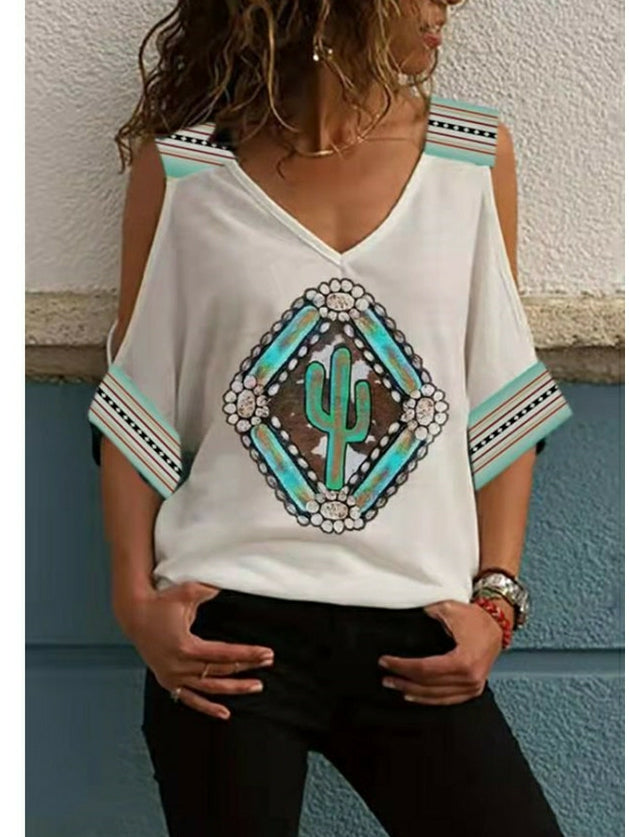 Oversized Off-the-shoulder Mid-sleeve Vintage-print T-shirt