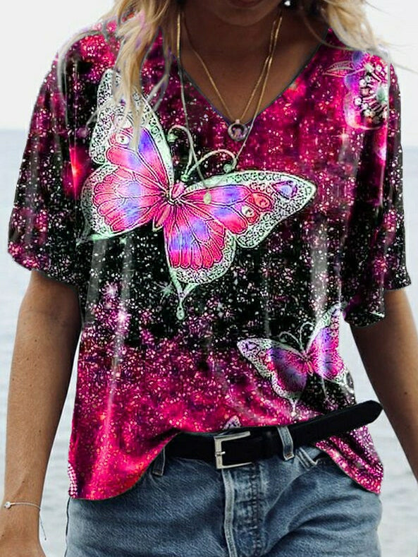 Camiseta de manga media con estampado de mariposas 