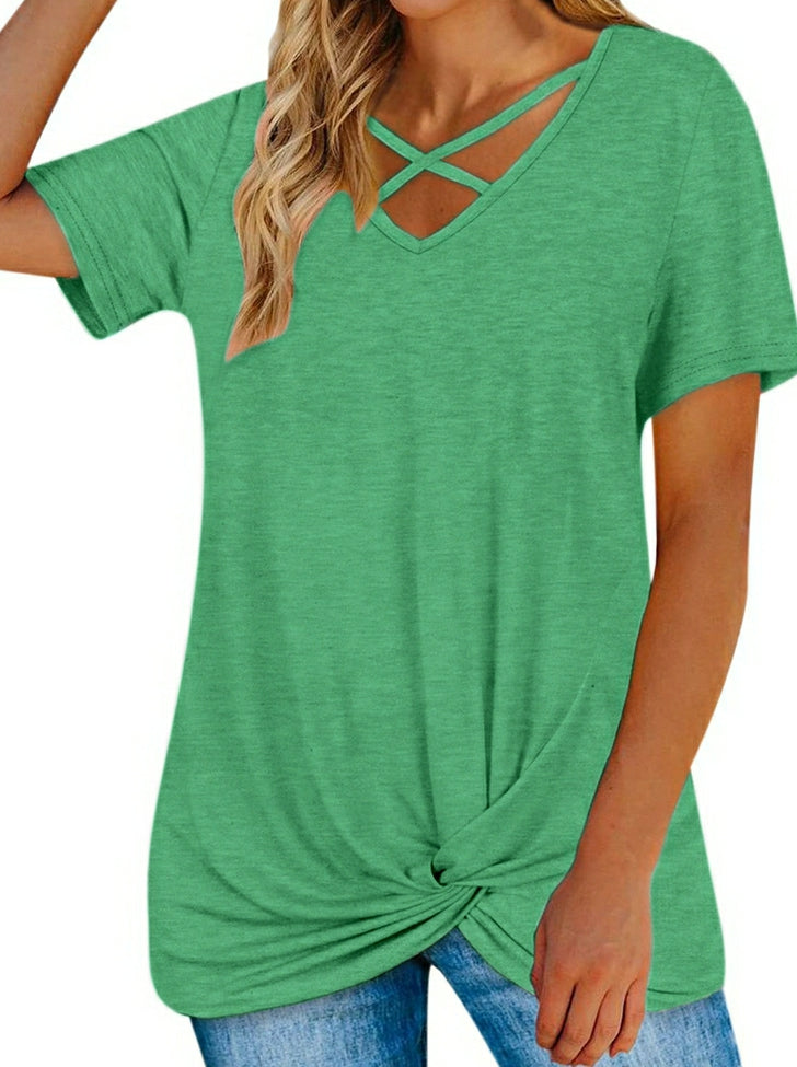 Hem Cross V-Neck Casual Short Sleeve Color Cotton Women's T-Shirt