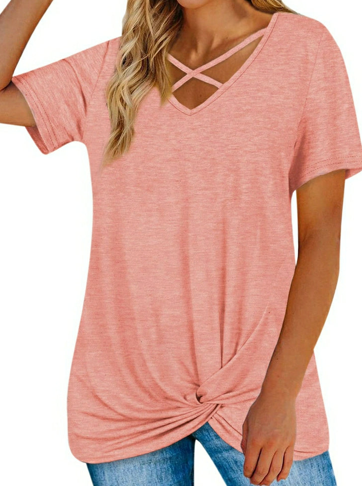Hem Cross V-Neck Casual Short Sleeve Color Cotton Women's T-Shirt