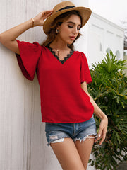 V-neck Stitched Eyelashes Lace-trimmed Ruffle Sleeve Loose Solid Color Top