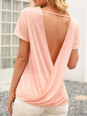 Simple Temperament  Backless Hollow Round Neck Short-sleeved T-shirt