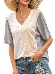 V-neck Paneled Contrast Short-sleeved Loose-fitting T-shirt