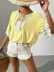 Summer European And American Ethnic Style Tie Round Neck Lace Stitching Loose Short-sleeved Top