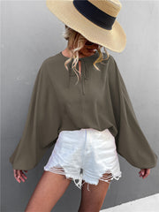 Balloon Sleeve Tie V-Neck Loose Casual Top