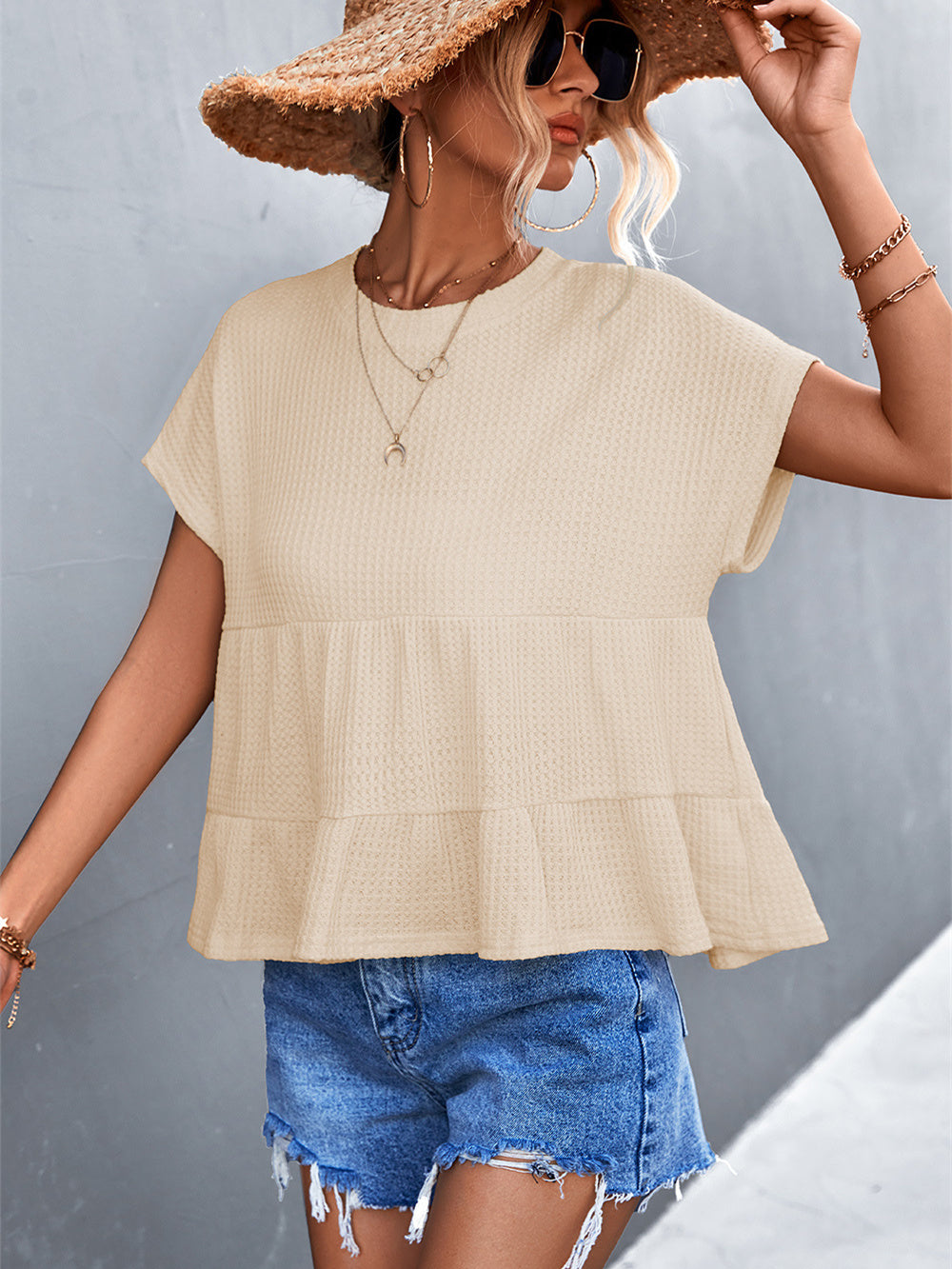 Waffle Crew Neck Breasted Short Sleeve Panel Top