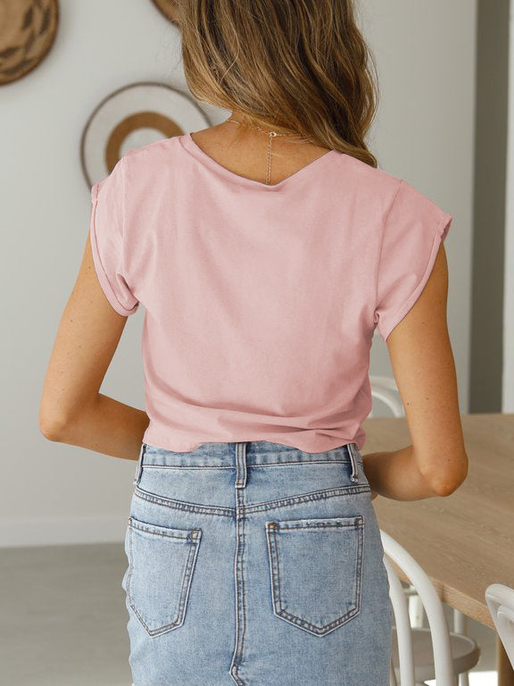 Cropped Navel Round Neck Tie Short Sleeve T-Shirt Solid Color Top