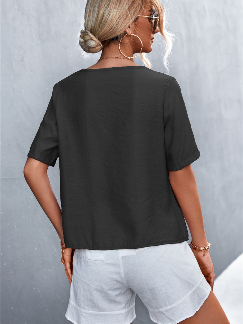 V-neck Slant-slit Button Top T-shirt