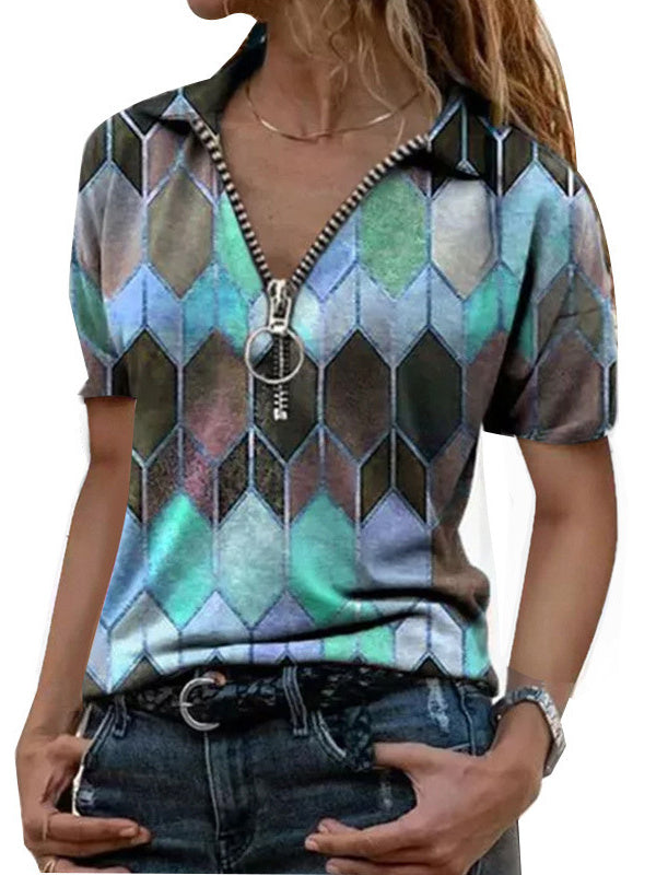 Printed Zip T-Shirt Lapel Short Sleeve T-Shirt