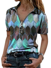 Printed Zip T-Shirt Lapel Short Sleeve T-Shirt