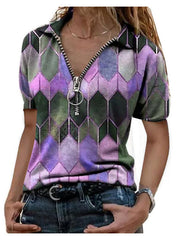 Printed Zip T-Shirt Lapel Short Sleeve T-Shirt