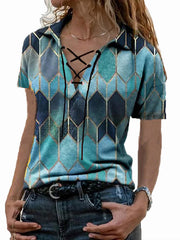 Urban Casual Top Loose Print Short Sleeve Lace-Up V-Neck T-Shirt