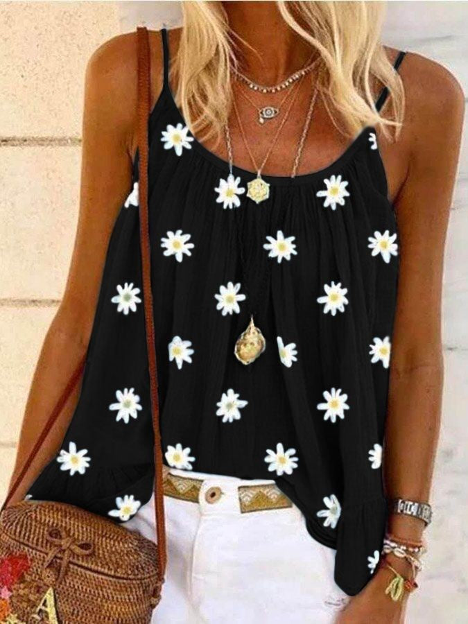 Sleek Daisy Print Loose Smocked Camisole Top