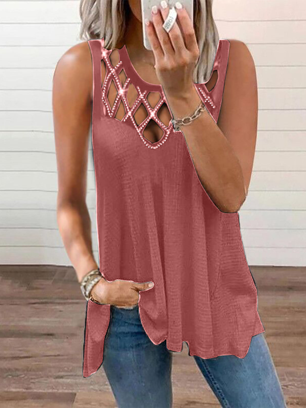 Hollow Hot Diamond Sleeveless Tank Top Solid Color T-Shirt