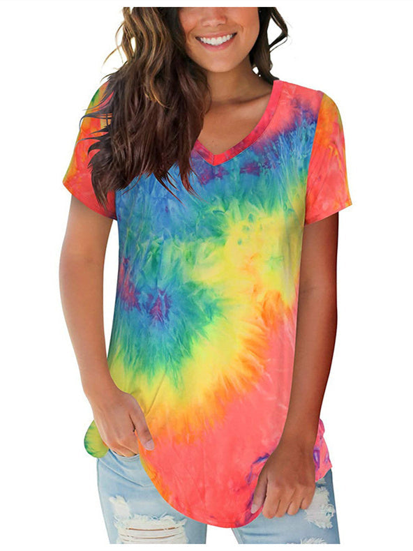 Camiseta urbana informal holgada con cuello en V y estampado tie-dye para mujer 