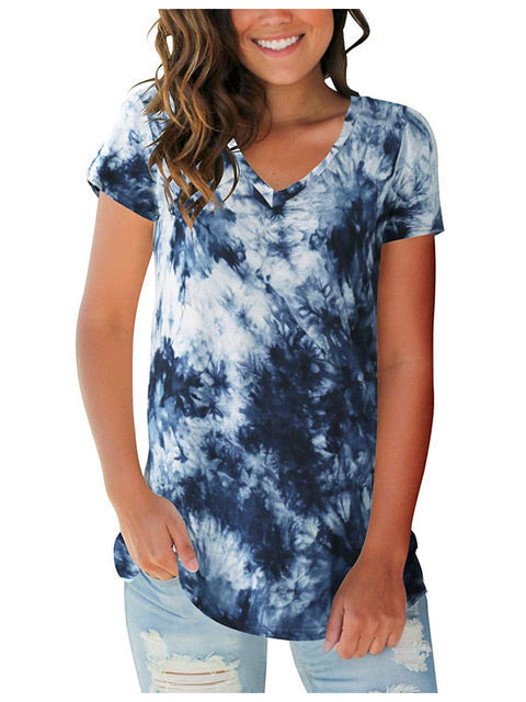 Camiseta urbana informal holgada con cuello en V y estampado tie-dye para mujer 