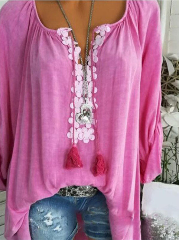 Lace Panel Rollable Long Sleeve Shirts