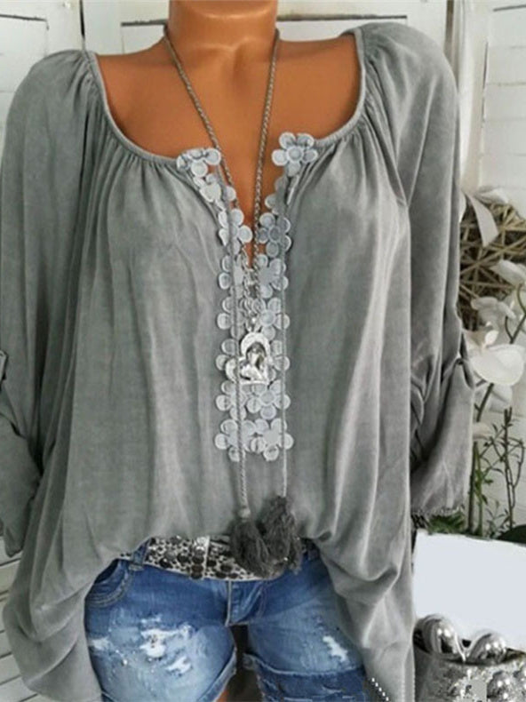 Lace Panel Rollable Long Sleeve Shirts