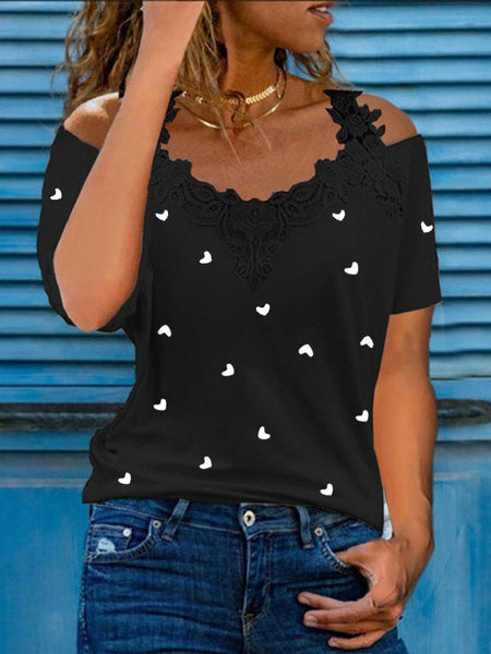 Camisa informal con encaje cosido y hombros descubiertos, blusa de manga corta con estampado de corazón bonito 