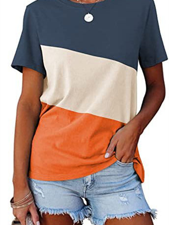 Camiseta informal holgada de manga corta con cuello redondo y bloques de color 