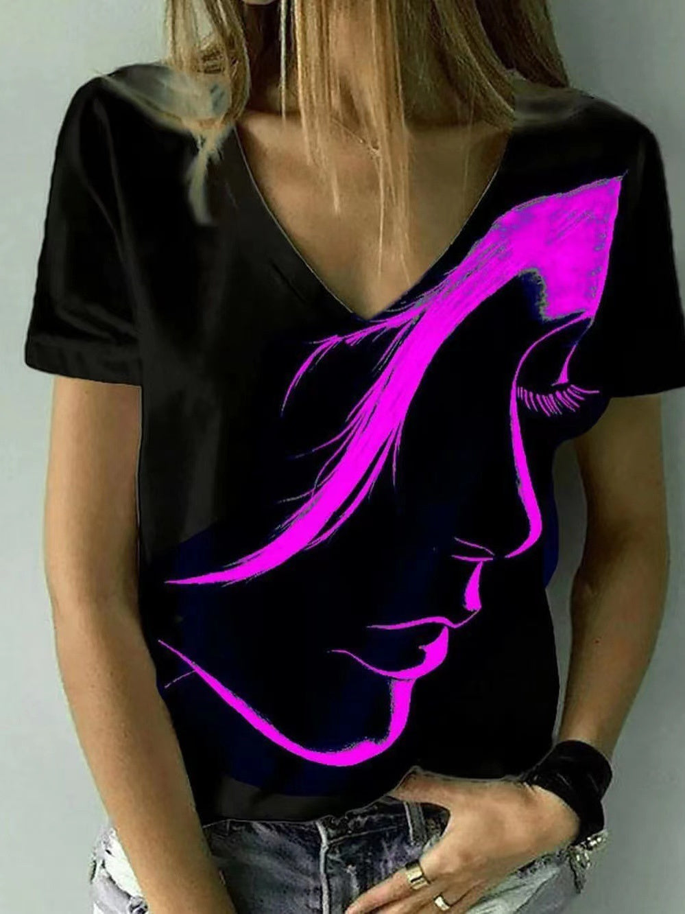 Camiseta básica de verano con cuello en V y estampado 3D de retrato abstracto para mujer 