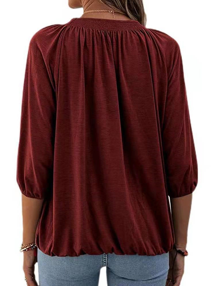 Solid Color Loose Crew Neck Mid Sleeve T-Shirt