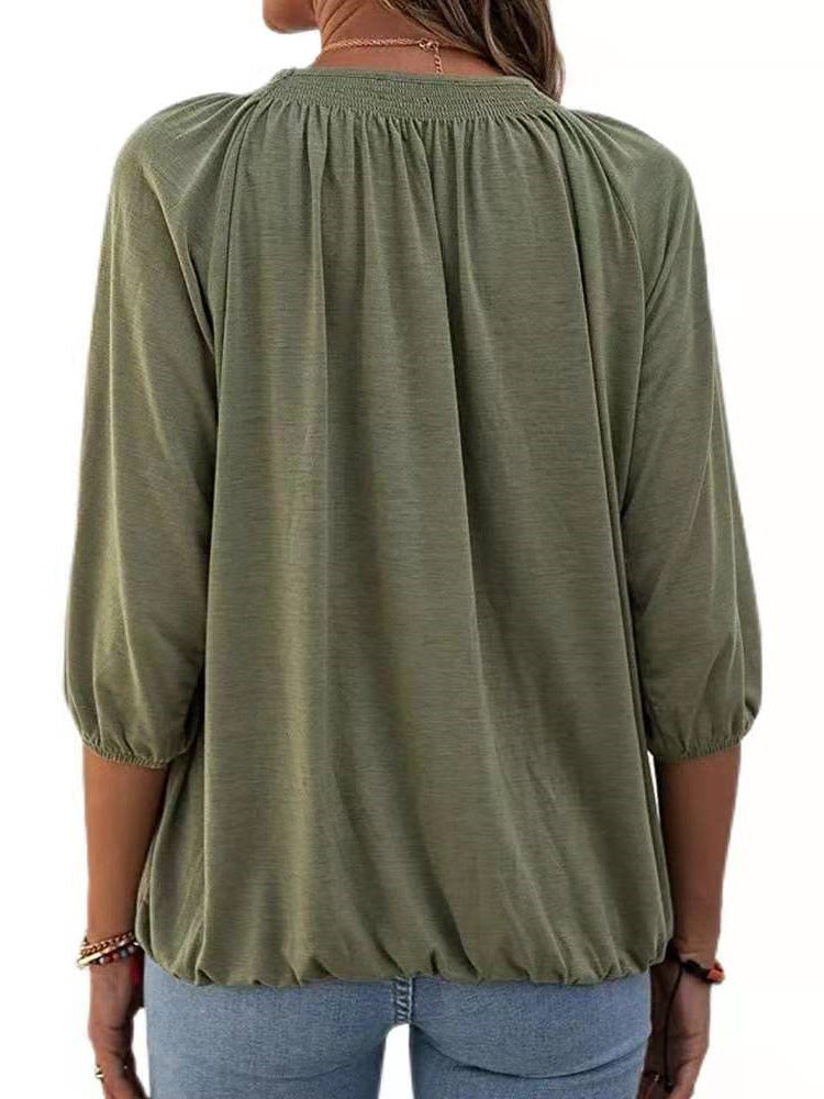 Solid Color Loose Crew Neck Mid Sleeve T-Shirt