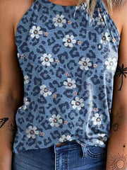 Blue Floral Print Sleeveless Casual Tank Top T-Shirt