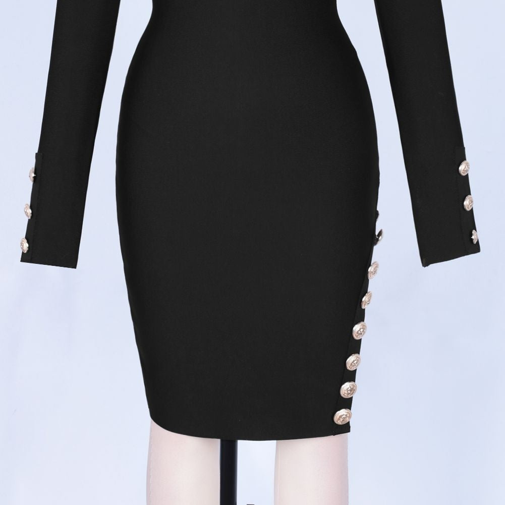 Round Neck Long Sleeve Slit Over Knee Bandage Dress PZ19247