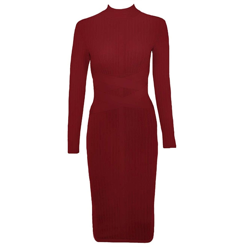 Round Neck Long Sleeve Striped Over Knee Bandage Dress PF1201