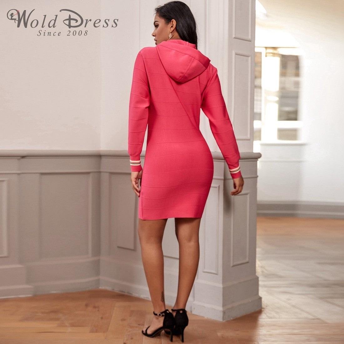 Round Neck Long Sleeve Striped Mini Bandage Dress PF19150