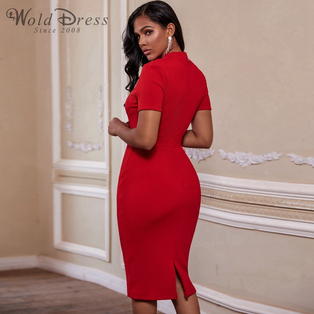 Round Neck Short Sleeve Striped Over Knee Bandage Dress PF19206