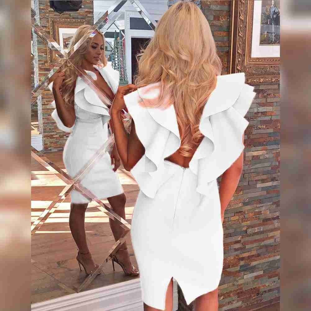 Vestido Bandage con Volantes, Sin Mangas y Cuello en V, por Encima de la Rodilla PM19225