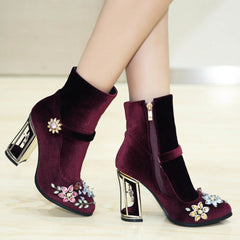 Novelty Handmade Velvet Ankle Booties with Rhinestone Floral Decoration