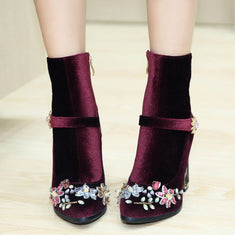 Novelty Handmade Velvet Ankle Booties with Rhinestone Floral Decoration