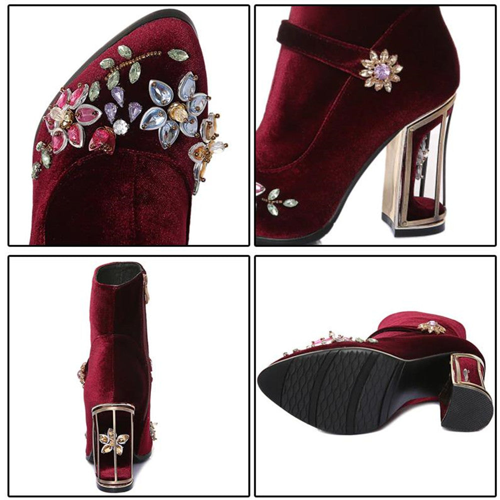 Novelty Handmade Velvet Ankle Booties with Rhinestone Floral Decoration