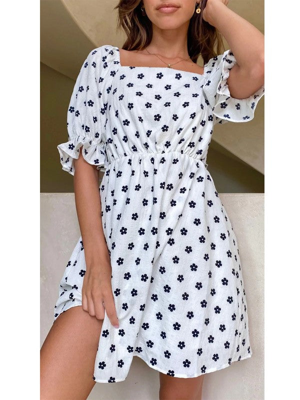 Ruffled Square Neck Print Dress