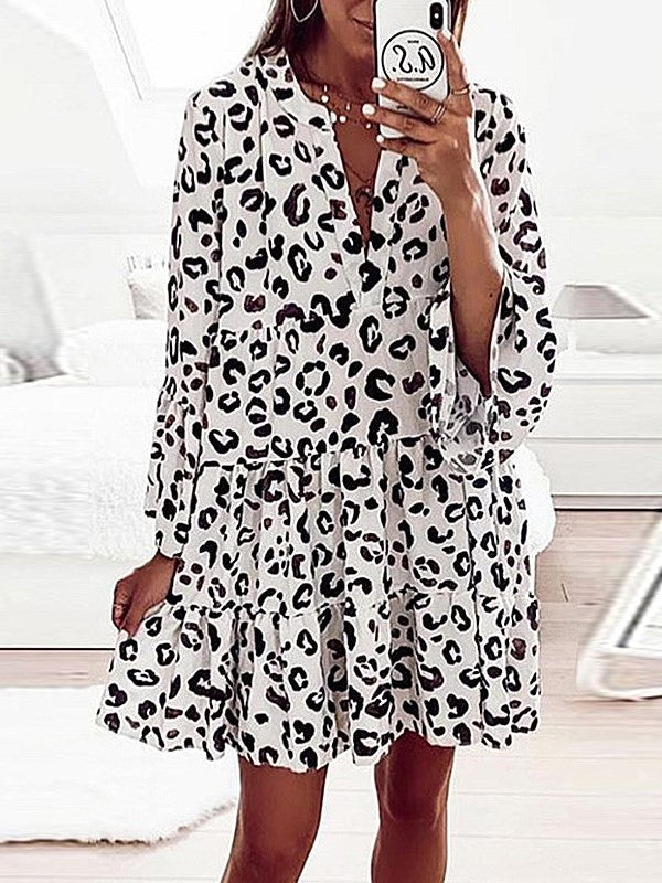 Printed Long Sleeve Loose V-neck Dress