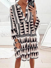 Printed Long Sleeve Loose V-neck Dress