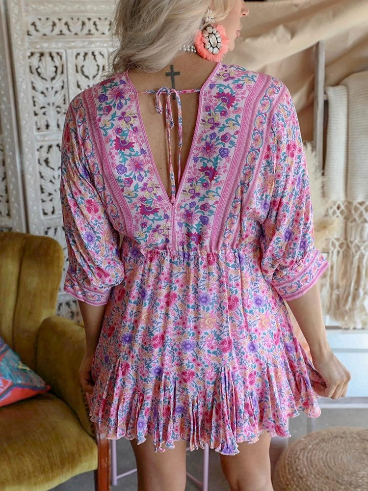 Floral V-neck Irregular Dress