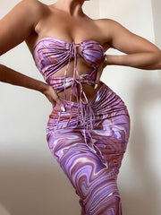 Sexy Slim Neckline Backless Print Dress