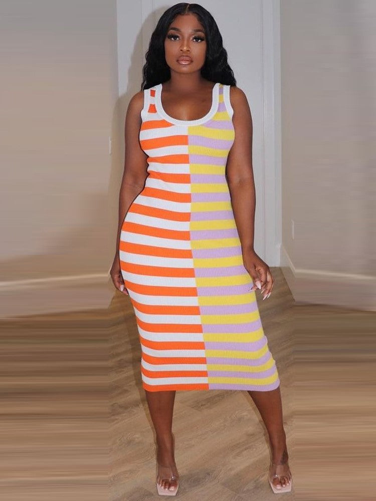 Striped Round Neck Sleeveless Dress