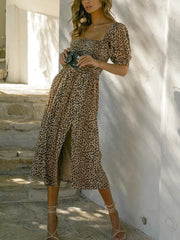 Square Neck Split Leopard Print Dress