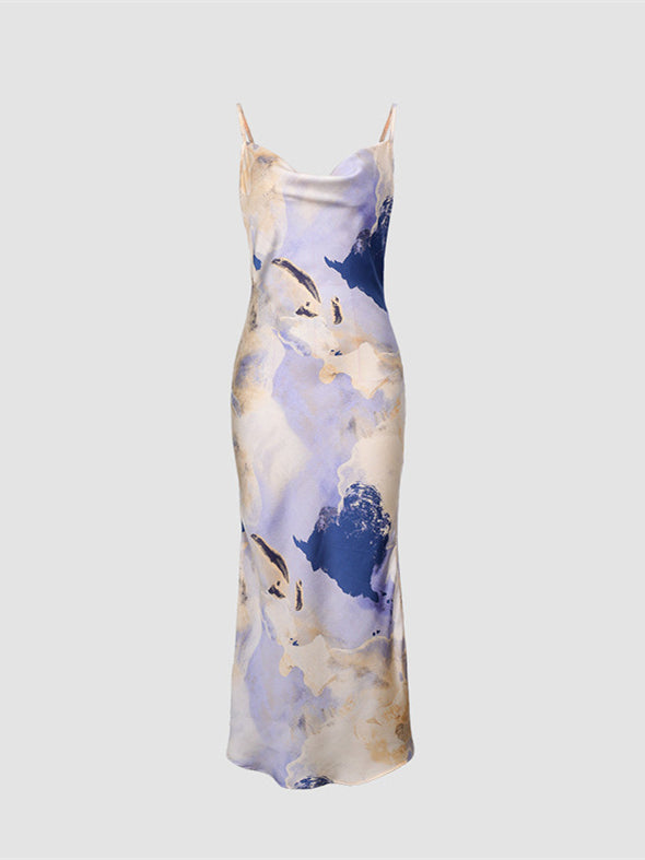 Satin Print Backless Dress