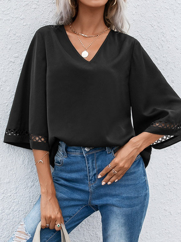 V-neck Pullover Lace-paneled Mid-sleeve Shirt