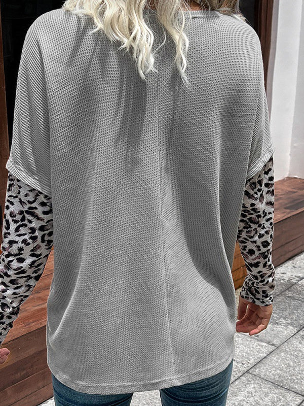 Waffle Panel Leopard Print Casual Loose Long Sleeve T-Shirt