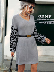 Vintage Knit V-Neck Patchwork Leopard Sweater Dress