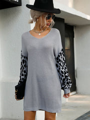 Vintage Knit V-Neck Patchwork Leopard Sweater Dress