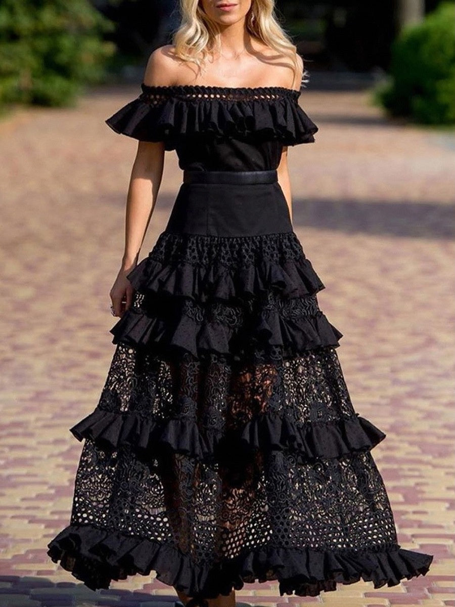 Romantic Ruffled Cutout Swing Lace Dress