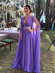 Vestido de noche morado con cintura en V profunda y encantador 